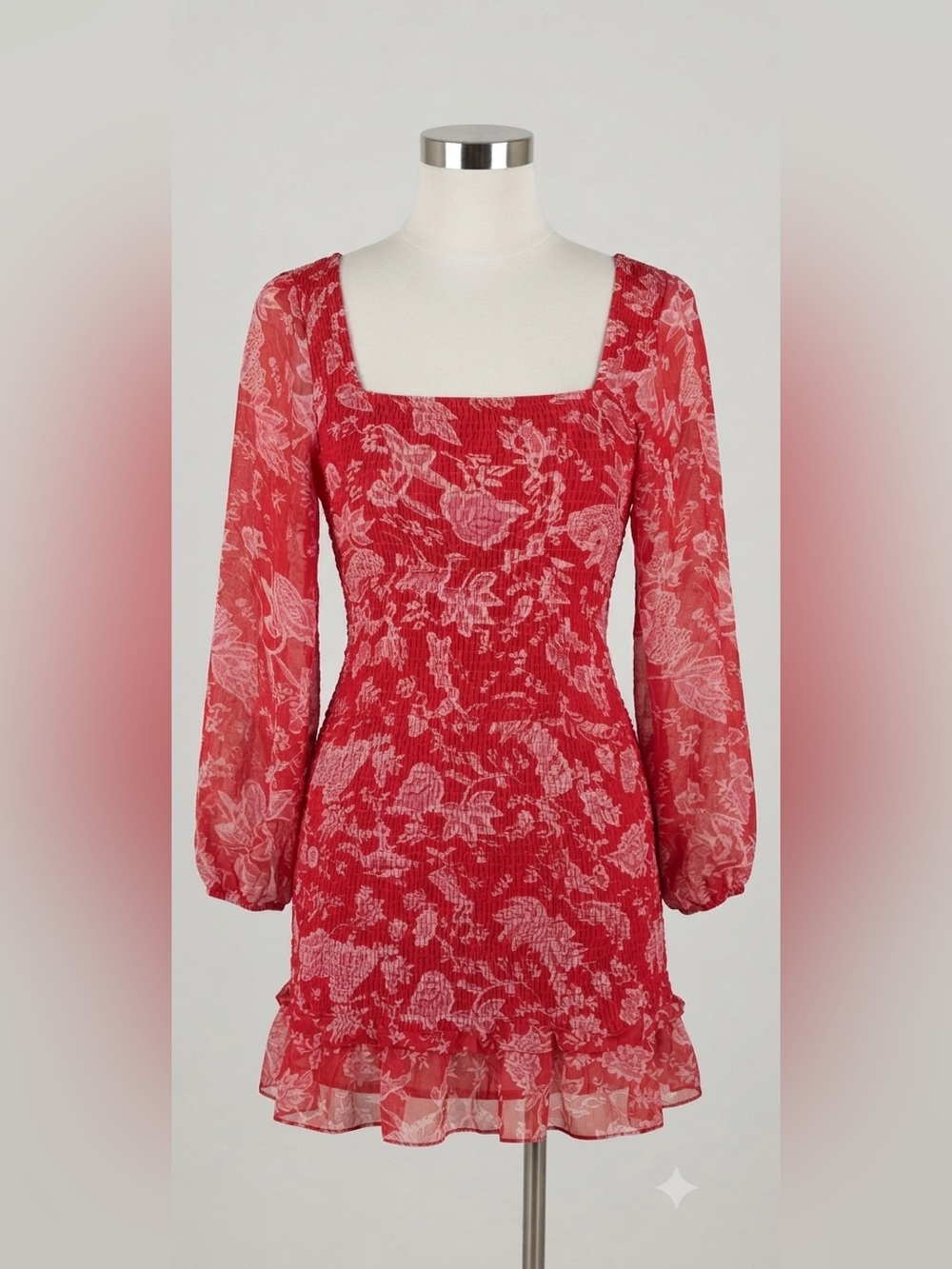 Sim & Sam Red & Pink Floral Smocked Long Sleeve Mini Dress XS